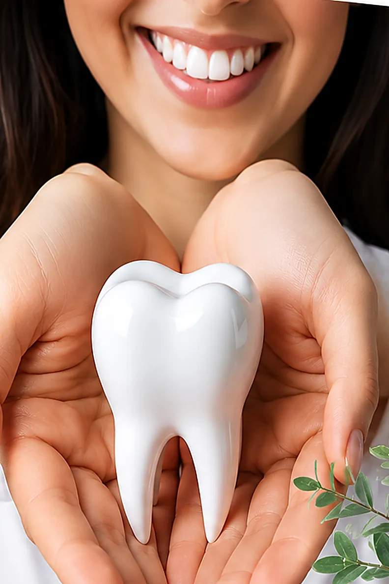 Smiling patient holding a model tooth at AD's Dental Clinic & Implant Centre, Dera Bassi